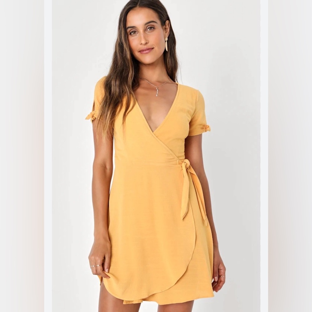 Lulus My Philosophy Golden Yellow Wrap Dress. Size small. Event, party, cocktail